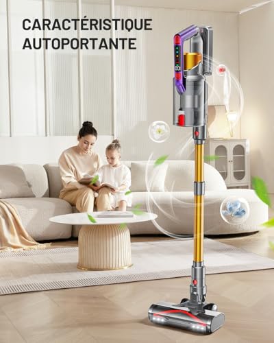 Kissof Aspirateur Balai sans Fil, 550W/45Kpa/70Min Aspirateur sans Fil LED Écran avec Parfumés/Autonome/Poignée Bimode, Aspirateur Balai Brosse Anti-emmêlement en V Convient aux sols et aux Moquettes