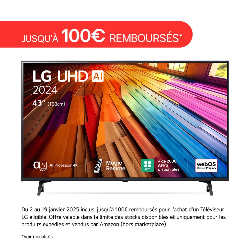 LG TV LED 2024 | 43UT80 | 43'' (108) | UHD | Processeur α5 AI 4K Gen7 | Alexa