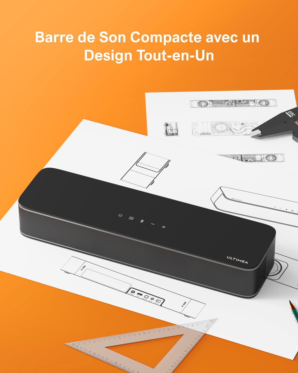 ULTIMEA 2.1ch Barre de Son TV, Caisson de Basse Intégré, App Contrôle, Barre de Son PC Tout-en-Un pour Jeux, Barres de Son Haut-Parleurs Bluetooth 5.3, Opt/AUX/Support Mural, Solo B30 Pro