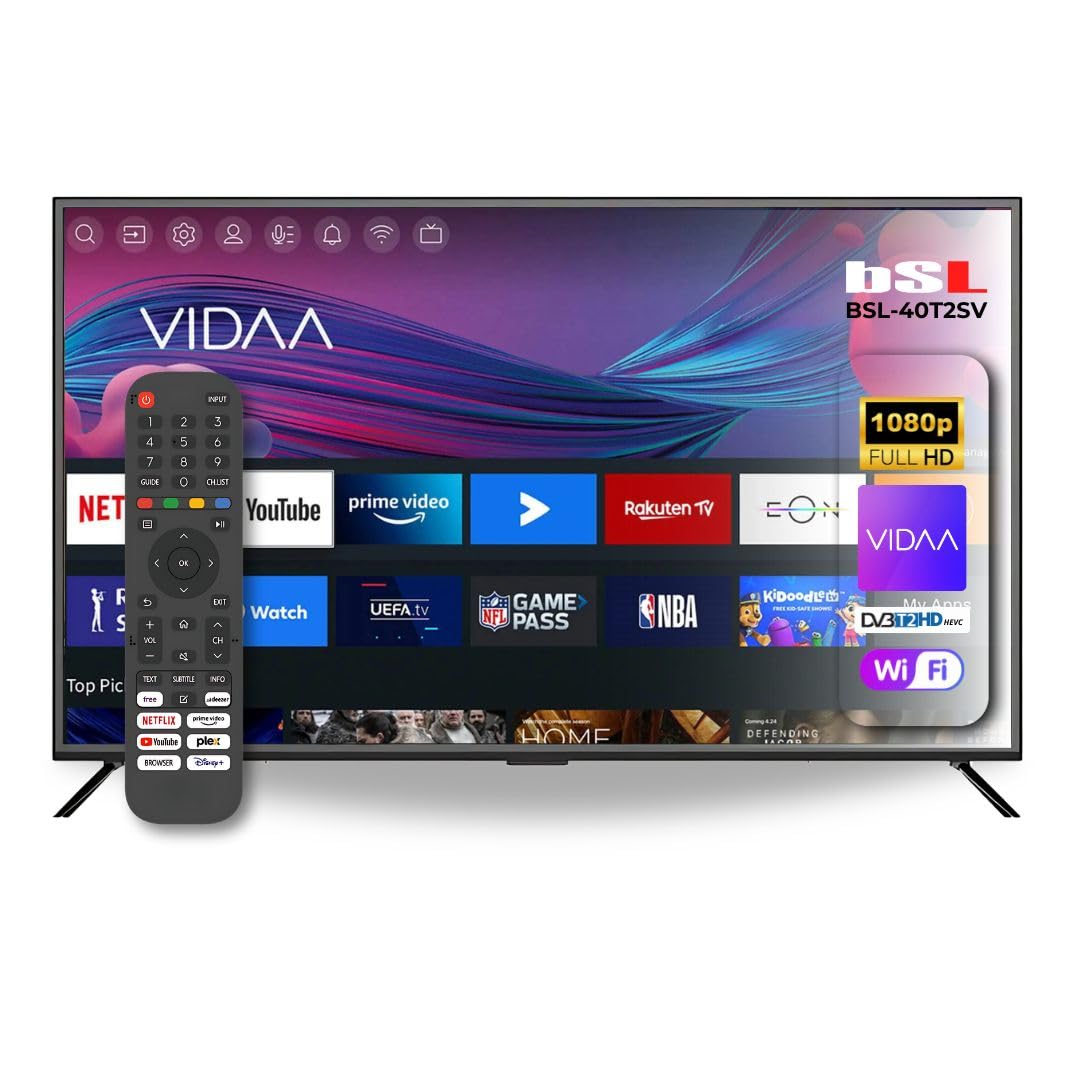 BSL-40T2SV VIDAA Smart TV 40 pouces WiFi RJ45 Résolution Full HD 1920 x 1080p USB DVBT2/S2 et Ci Compatible avec YouTube, Netflix, Disney +, Dazn, Prime, HDMI