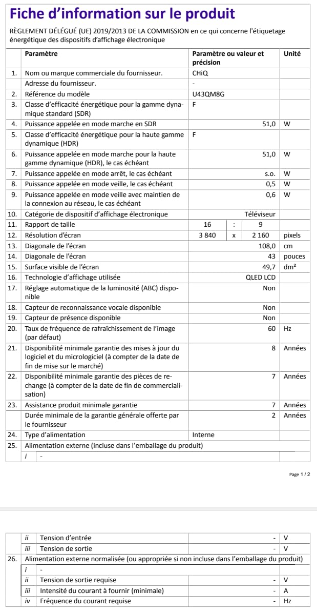 CHIQ TV Intelligente U43QM8G 43 Pouces, UHD QLED avec HDR, sans Cadre et métallique, Google TV, Dolby Audio, Syntoniseur Triple, Wi-FI 2,4G/5G, Google Assistant, HDMI 2.1, USB2.0, Modèle 2023 Noir