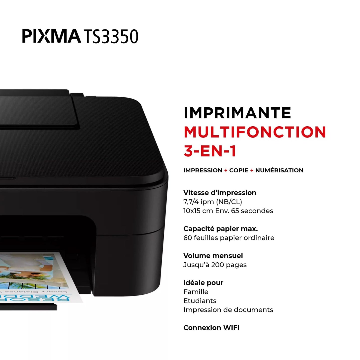 Canon PIXMA TS3350 imprimante A4 WiFi Jet d'encre Multifonction (imprimante, Scan, Copie), Noir