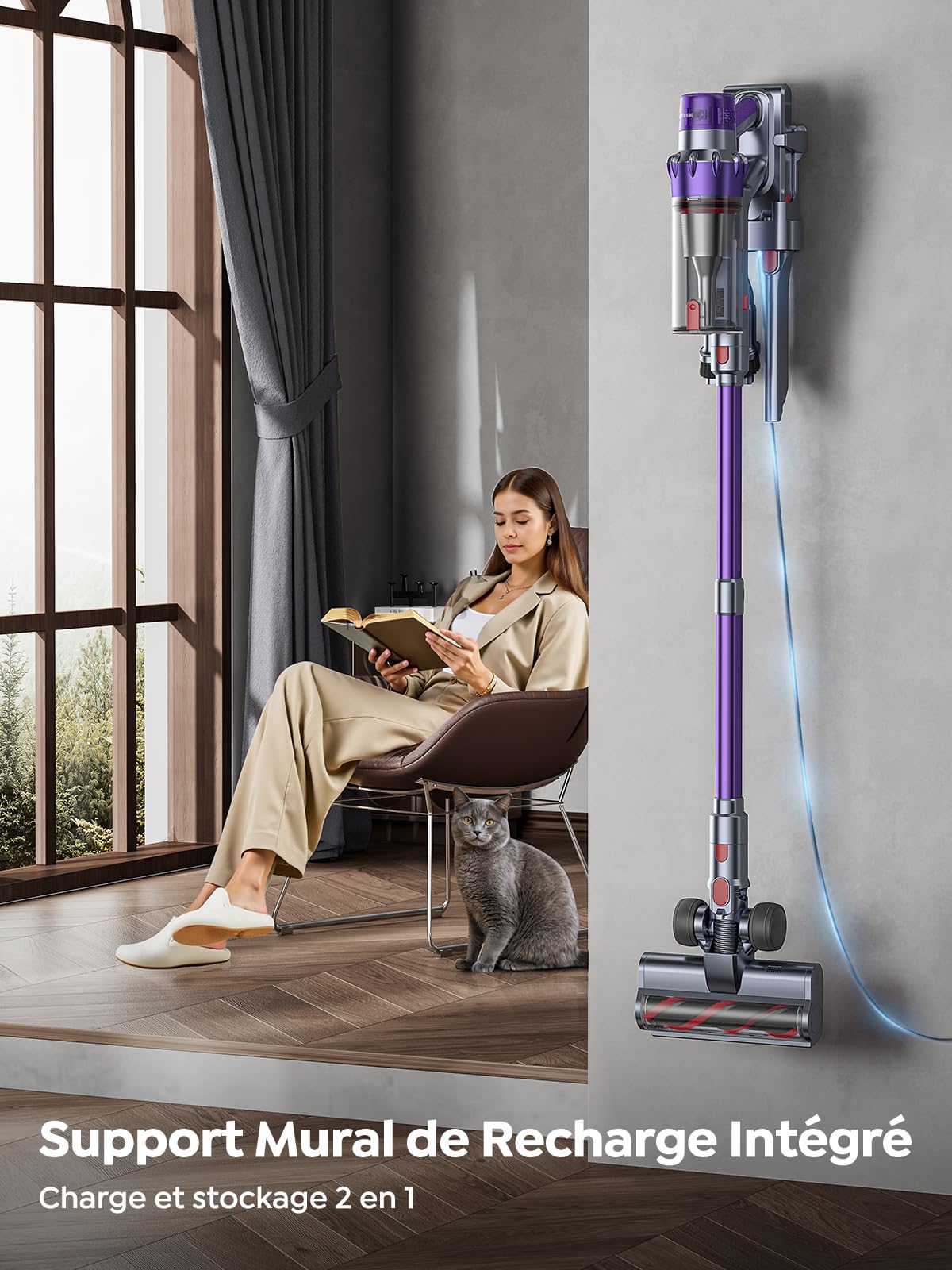 SMOTURE VAC02 550W Aspirateur Balai sans Fil, 45kPa/60min Aspirateur sans Fil Puissant, Rechargeable Support Mural Aspirateur balais pour Tapis, Poils Animaux, Sol Dur et Voiture