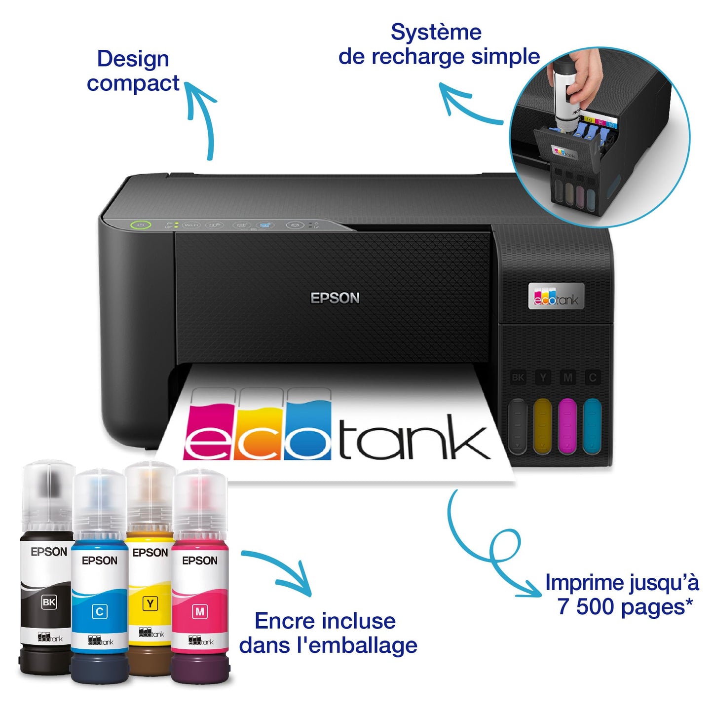 Imprimante sans fil EPSON EcoTank ET-2862 | Réservoirs d'encre haute capacité - Économisez jusqu'à 90% sur les coûts d'encre - Impression mobile, copie, numérisation - 3 ans d'encre inclus