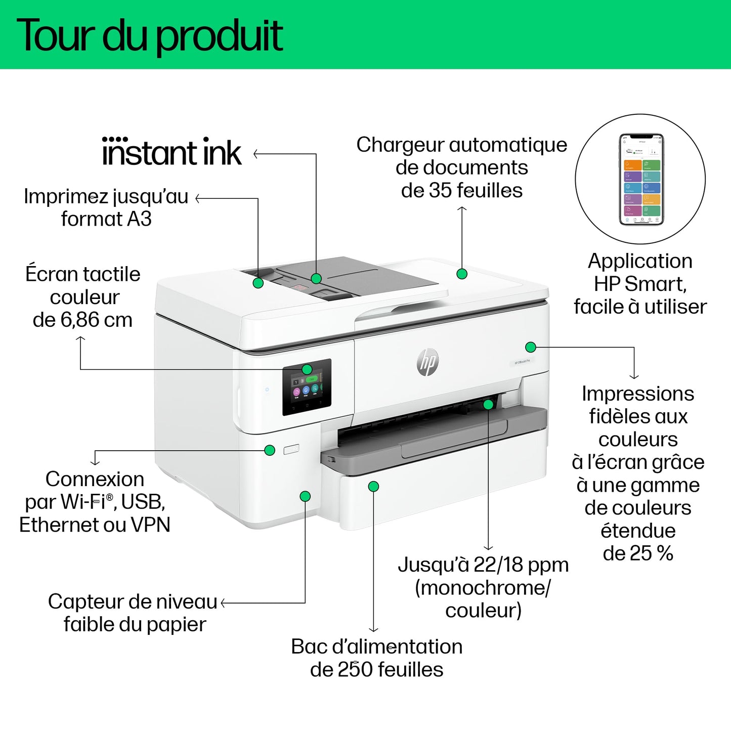 HP OfficeJet Pro 9720e Imprimante tout en un - Jet d'encre couleur – 3 mois d'Instant Ink inclus avec HP+ (Impression/Copie/Scan/A4 et A3, Chargeur automatique de documents, Recto/Verso auto, Wifi)