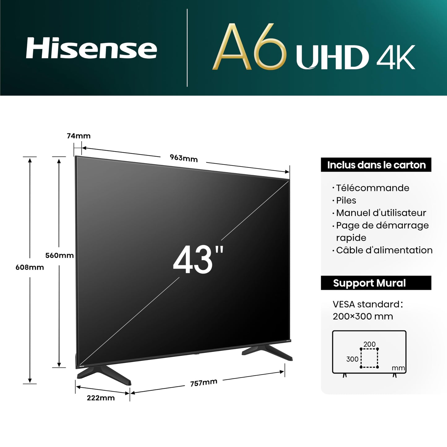 Hisense Smart TV 43 Pouces 43A6N 4K UHD, Dolby Vision, HDR, VIDAA avec Youtube, Netflix, Disney+, Canal +(modèle 2024)