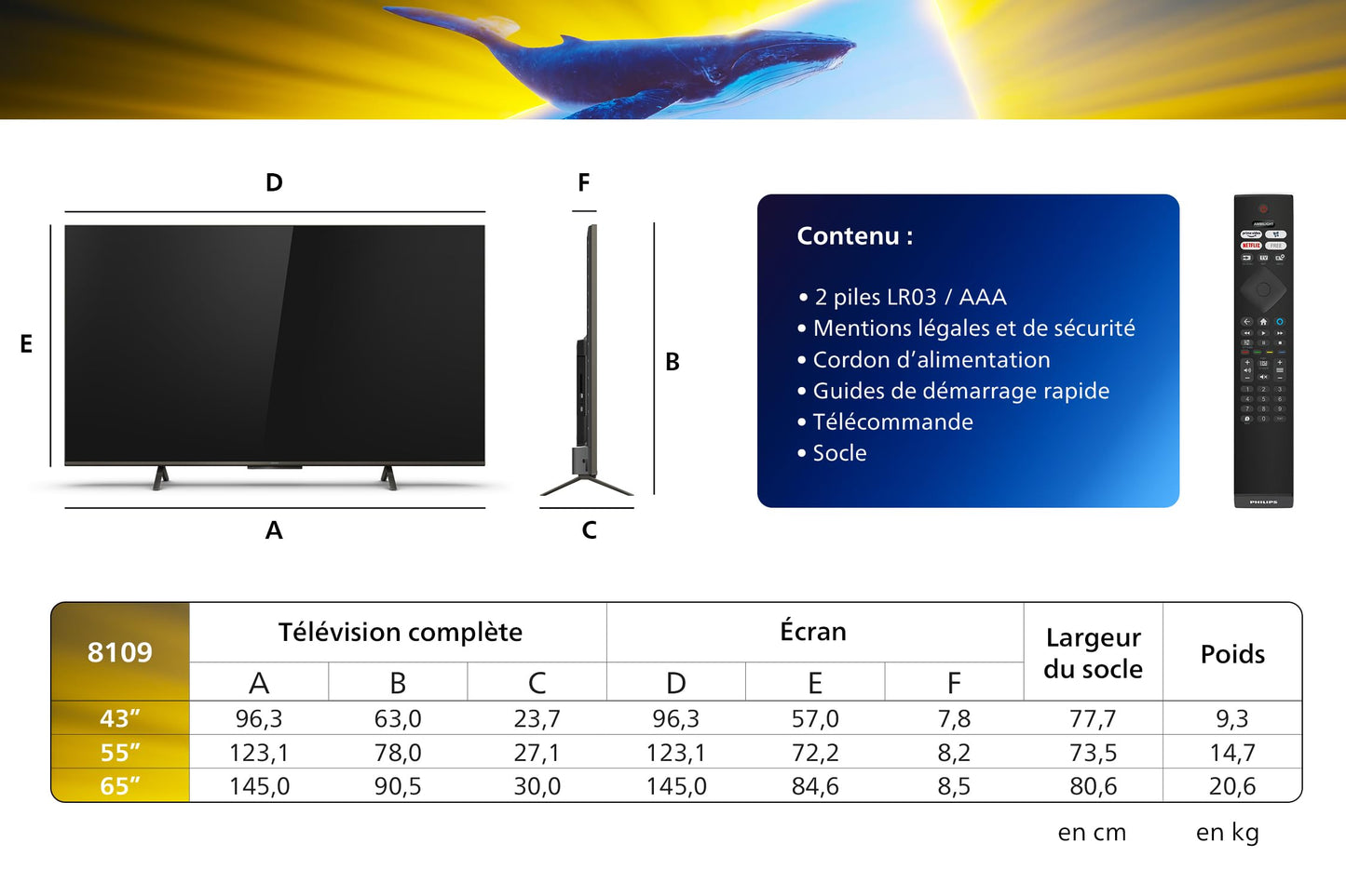 Philips Ambilight 43PUS8109 Smart TV LED 4K - Écran 43 Pouces avec Plate-Forme Pixel Precise Ultra HD, Titan OS et Son Dolby Atmos, Fonctionne avec l’Assistant Vocal Alexa et Google - Chrome satiné