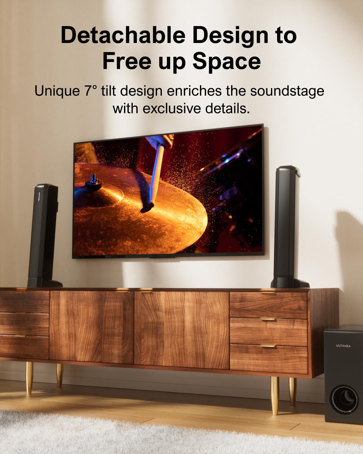 ULTIMEA 4.1 Barres de Son pour TV, Barre de Son TV avec Subwoofer Réglables, 2-en-1 Barre de Son Détachable, Soundbar Bluetooth 5.3, 3 Modes d'EQ, Arc/Optique/Aux, Montage Mural, Série Apollo S50