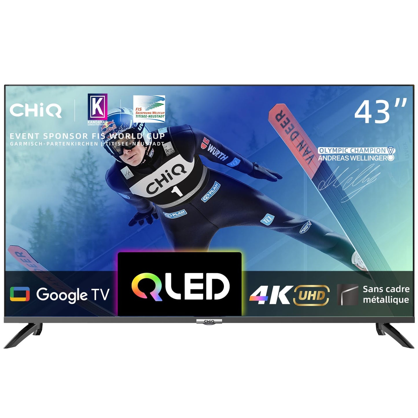 CHIQ TV Intelligente U43QM8G 43 Pouces, UHD QLED avec HDR, sans Cadre et métallique, Google TV, Dolby Audio, Syntoniseur Triple, Wi-FI 2,4G/5G, Google Assistant, HDMI 2.1, USB2.0, Modèle 2023 Noir