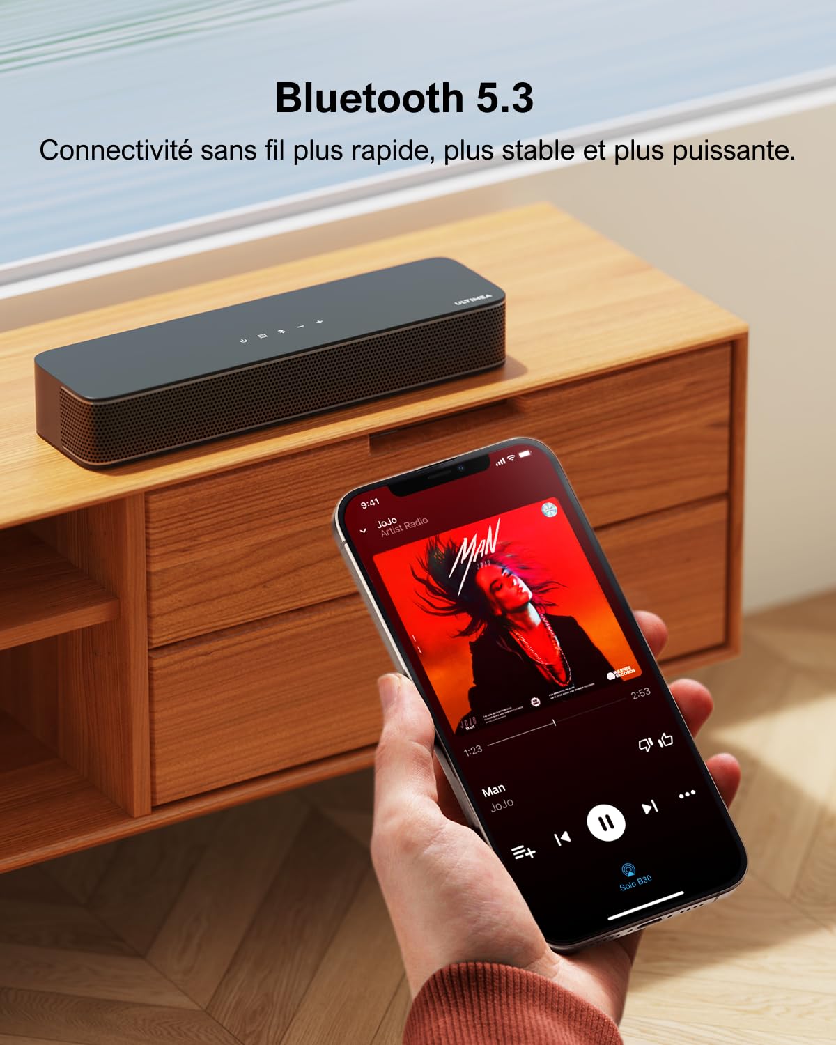 ULTIMEA 2.1ch Barre de Son TV, Caisson de Basse Intégré, App Contrôle, Barre de Son PC Tout-en-Un pour Jeux, Barres de Son Haut-Parleurs Bluetooth 5.3, Opt/AUX/Support Mural, Solo B30 Pro