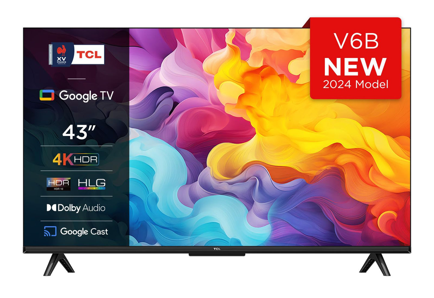 TCL 43V6B 43 Pouces 4K Ultra HD, HDR TV, Smart TV Powered by Google TV (Dolby Audio, Motion Clarity, Voice Control, Compatible avec Google Assistant, Chromecast intégré)