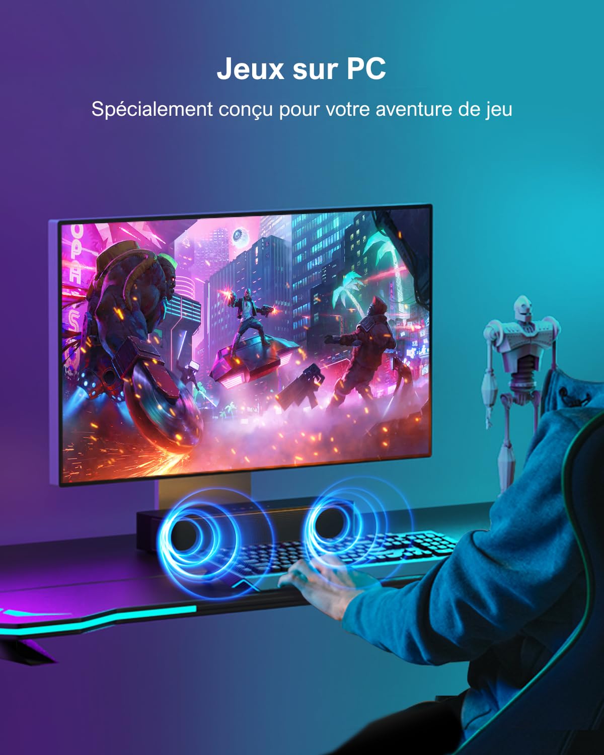 ULTIMEA 2.1ch Barre de Son TV, Caisson de Basse Intégré, App Contrôle, Barre de Son PC Tout-en-Un pour Jeux, Barres de Son Haut-Parleurs Bluetooth 5.3, Opt/AUX/Support Mural, Solo B30 Pro