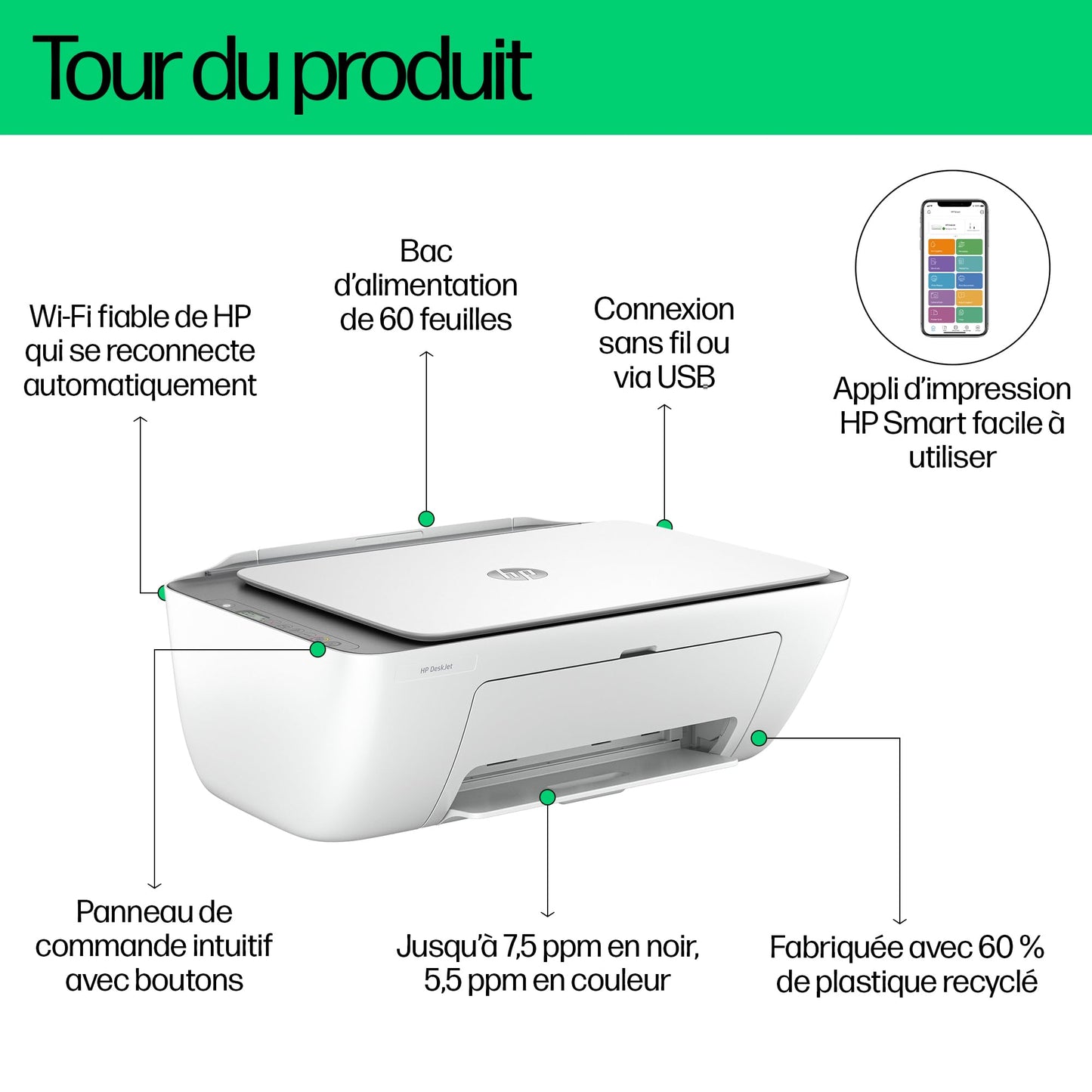 HP DeskJet 2820e Imprimante tout en un - Jet d'encre couleur – 3 mois d’Instant Ink inclus avec HP+ (Photocopie, Scan, Impression, Wifi)