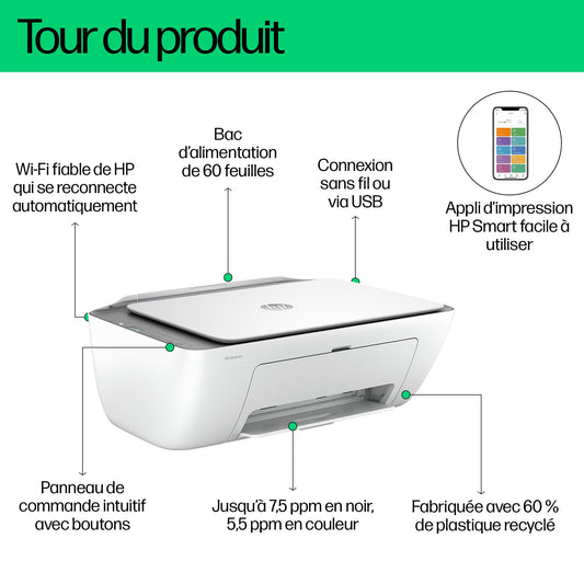 HP DeskJet 2820e Imprimante tout en un - Jet d'encre couleur – 3 mois d’Instant Ink inclus avec HP+ (Photocopie, Scan, Impression, Wifi)