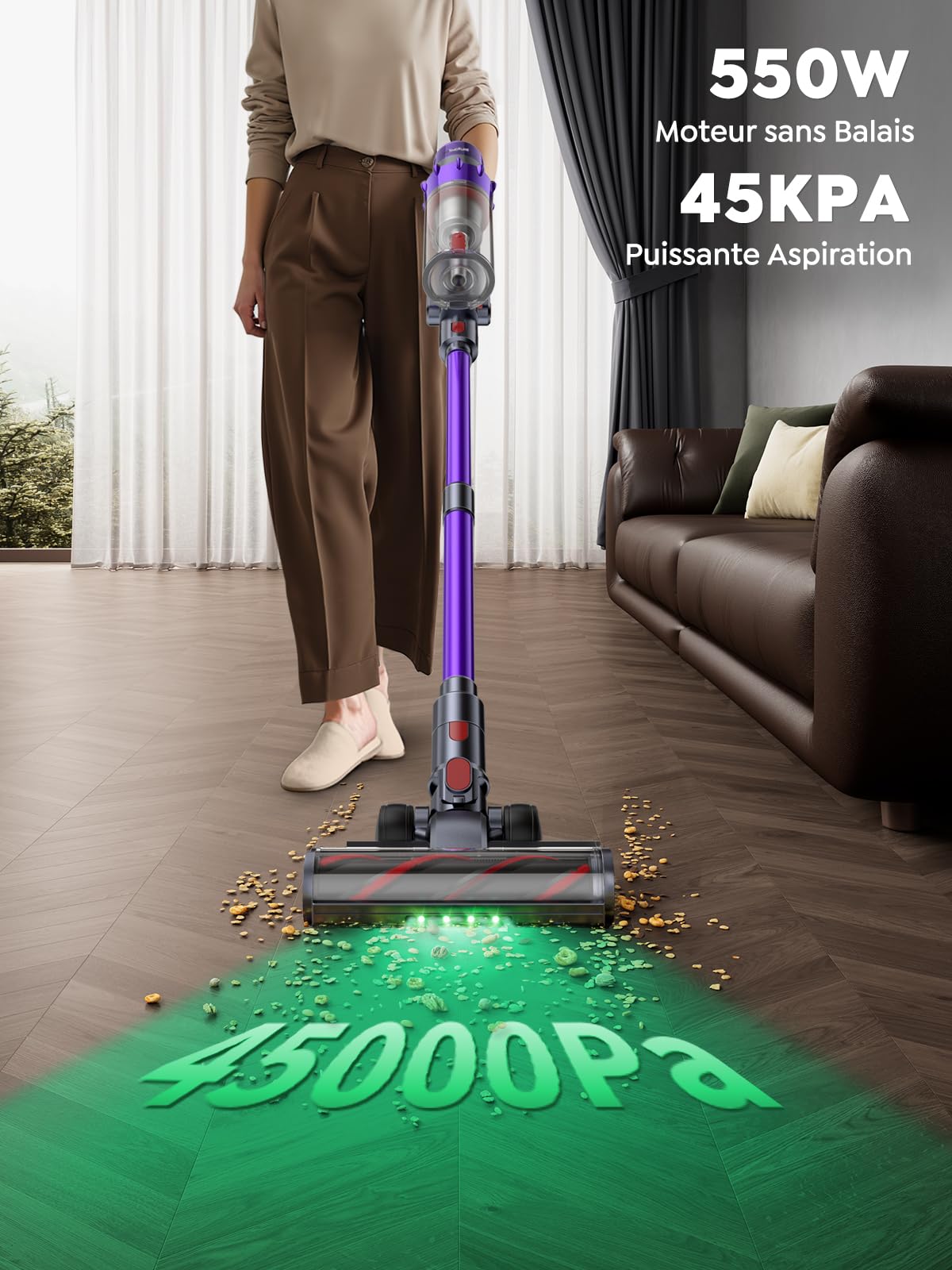 SMOTURE VAC02 550W Aspirateur Balai sans Fil, 45kPa/60min Aspirateur sans Fil Puissant, Rechargeable Support Mural Aspirateur balais pour Tapis, Poils Animaux, Sol Dur et Voiture