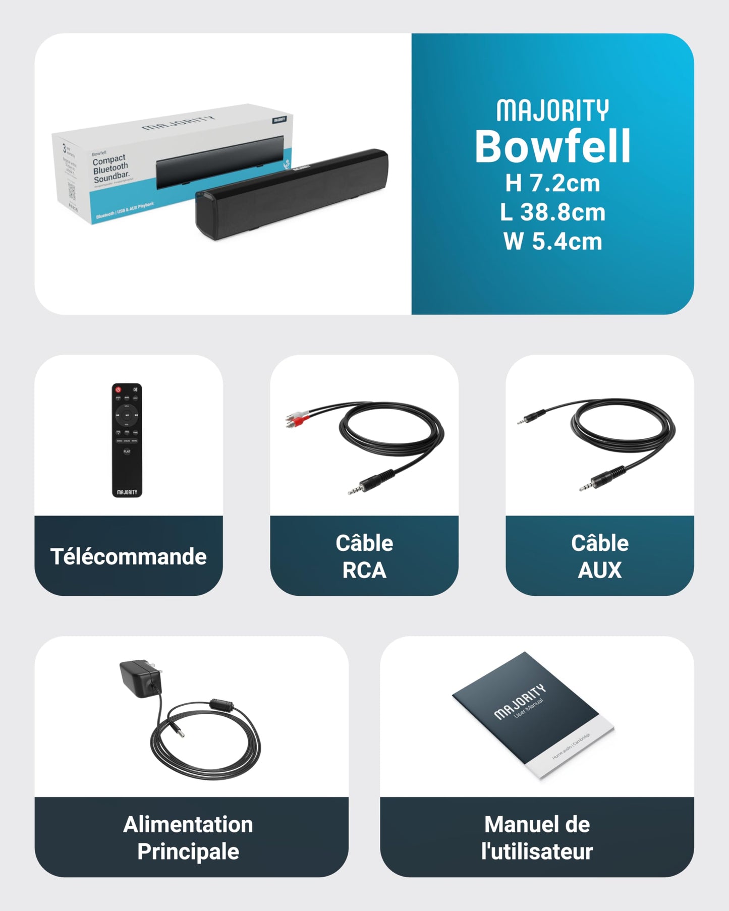 Majority Bowfell | Barre de Son Bluetooth pour téléviseurs | Haut-parleurs stéréo 2.0 50W pour téléviseur ou PC | Entrée Optique, RCA, USB & AUX | 39cm, Réglages EQ, Télécommande Incluse (Noir)