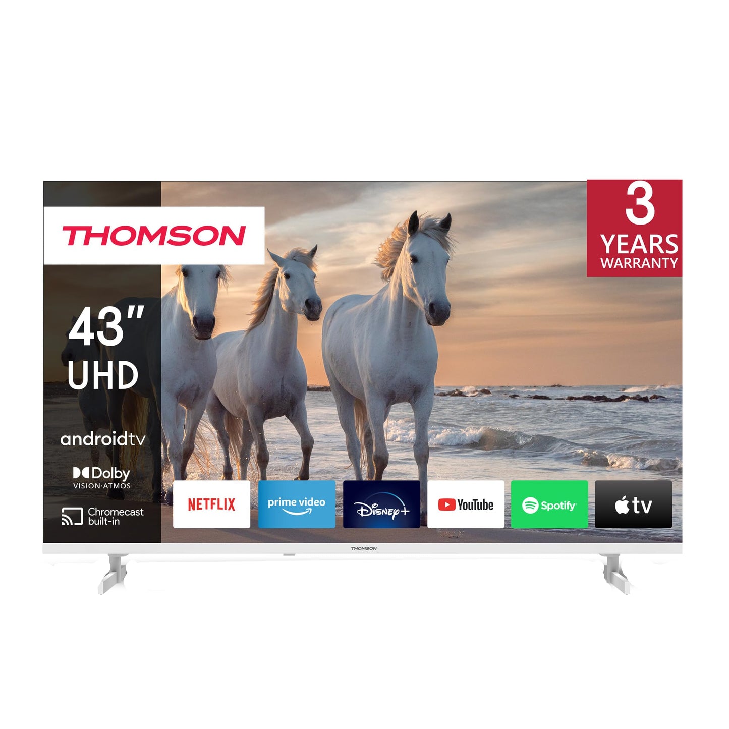 Téléviseur homson 43 Pouces (109 cm) UHD Blanc Smart Android TV (WLAN, HDR, Triple Tuner DVB-C/S2/T2, Streaming, Netflix, Youtube, Prime Video, Disney+) – 43UA5S13W-2023