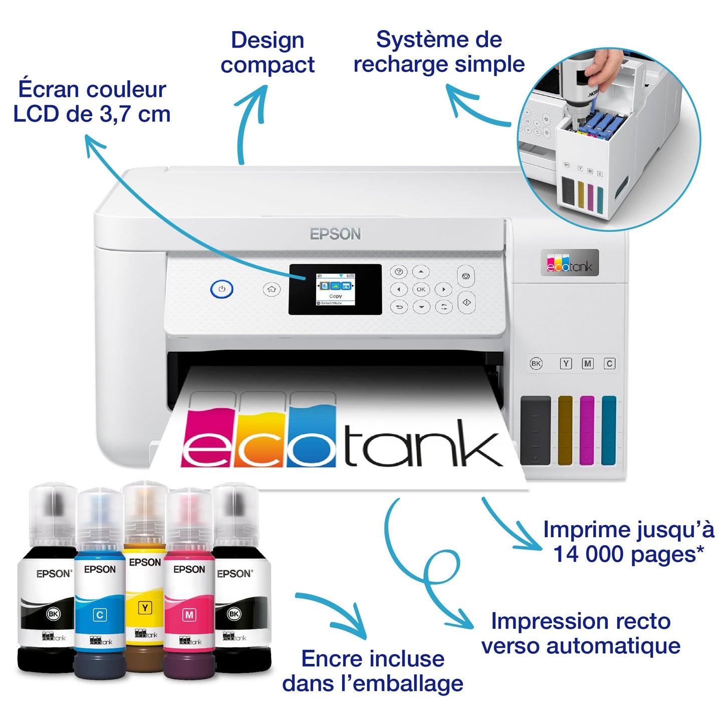 Imprimante multifonction A4 Wi-Fi EcoTank ET-2856 équipée de réservoirs d’encre, avec jusqu’à 3 ans d’encre inclus