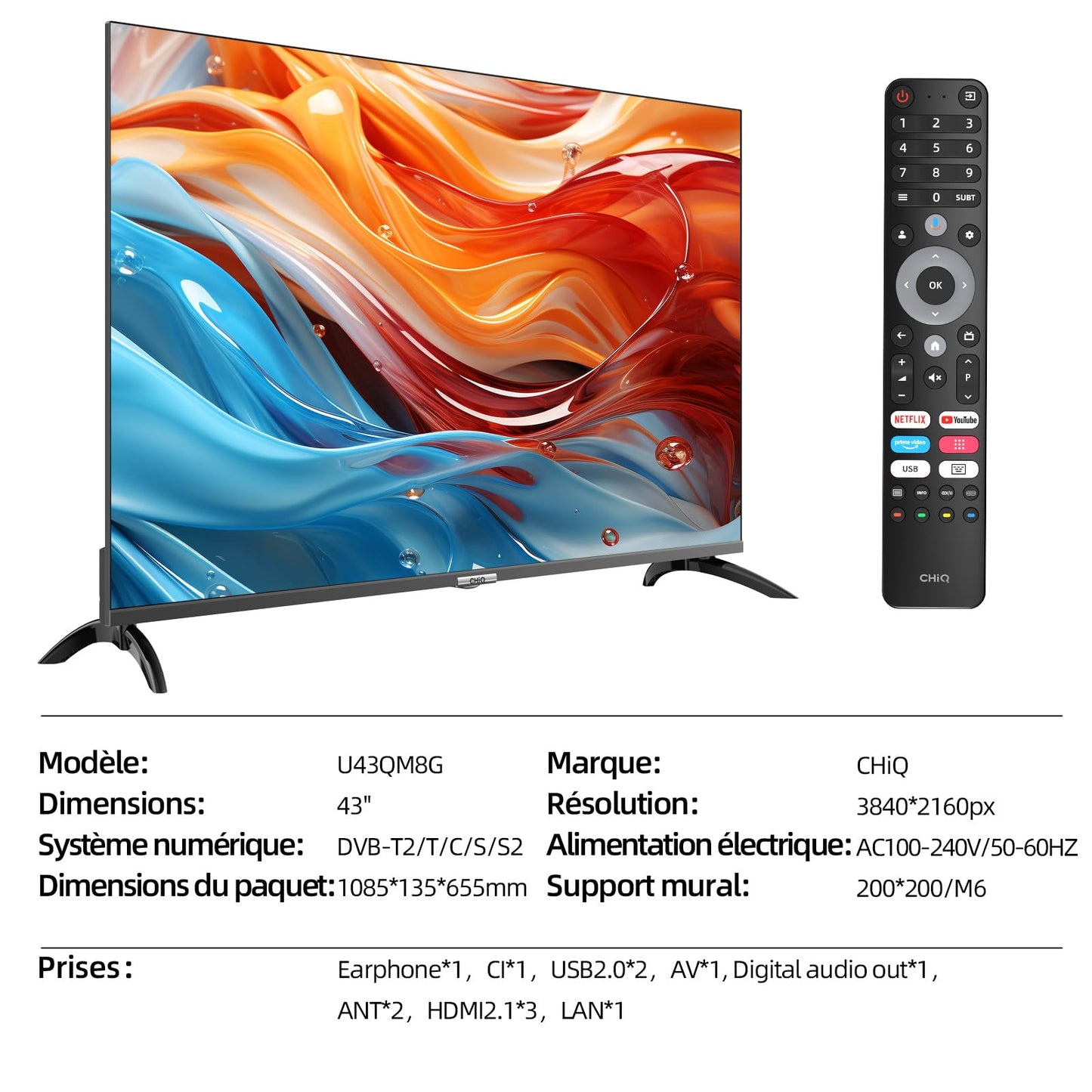 CHIQ TV Intelligente U43QM8G 43 Pouces, UHD QLED avec HDR, sans Cadre et métallique, Google TV, Dolby Audio, Syntoniseur Triple, Wi-FI 2,4G/5G, Google Assistant, HDMI 2.1, USB2.0, Modèle 2023 Noir