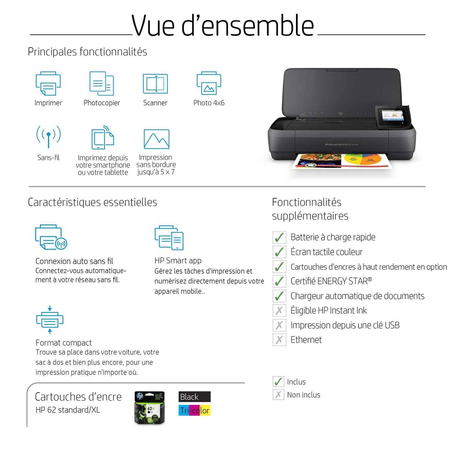 HP OfficeJet 250 Imprimante tout-en-un portable (Photocopie, Scan, Impression, Chargeur automatique de documents 10 pages, Recto/Verso manuel, Wifi)