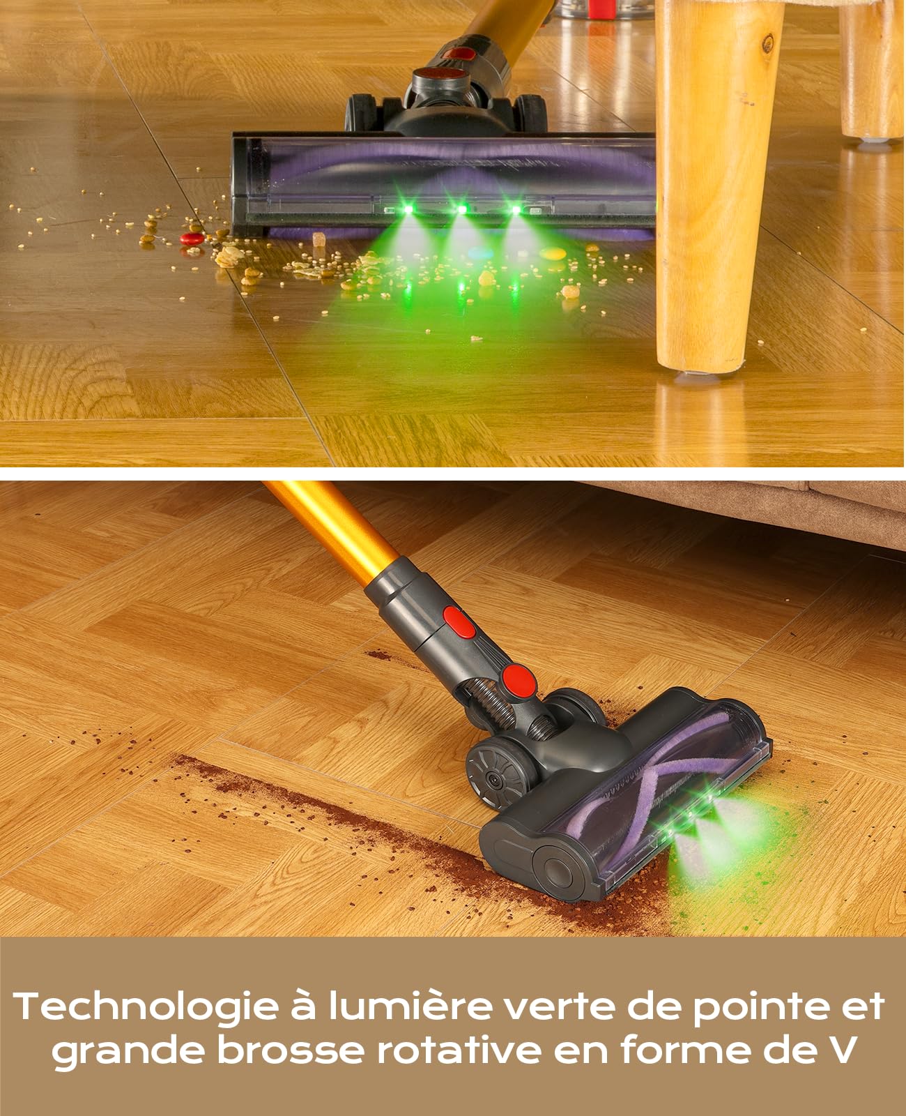 VACTechPro V15 Aspirateur Balai sans Fil,35kPa Aspirateur sans Fil,6-en-1,35 Minutes d'Autonomie avec Batterie Amovible,pour Le Nettoyage de Tous Types de Sols et Tapis&Or