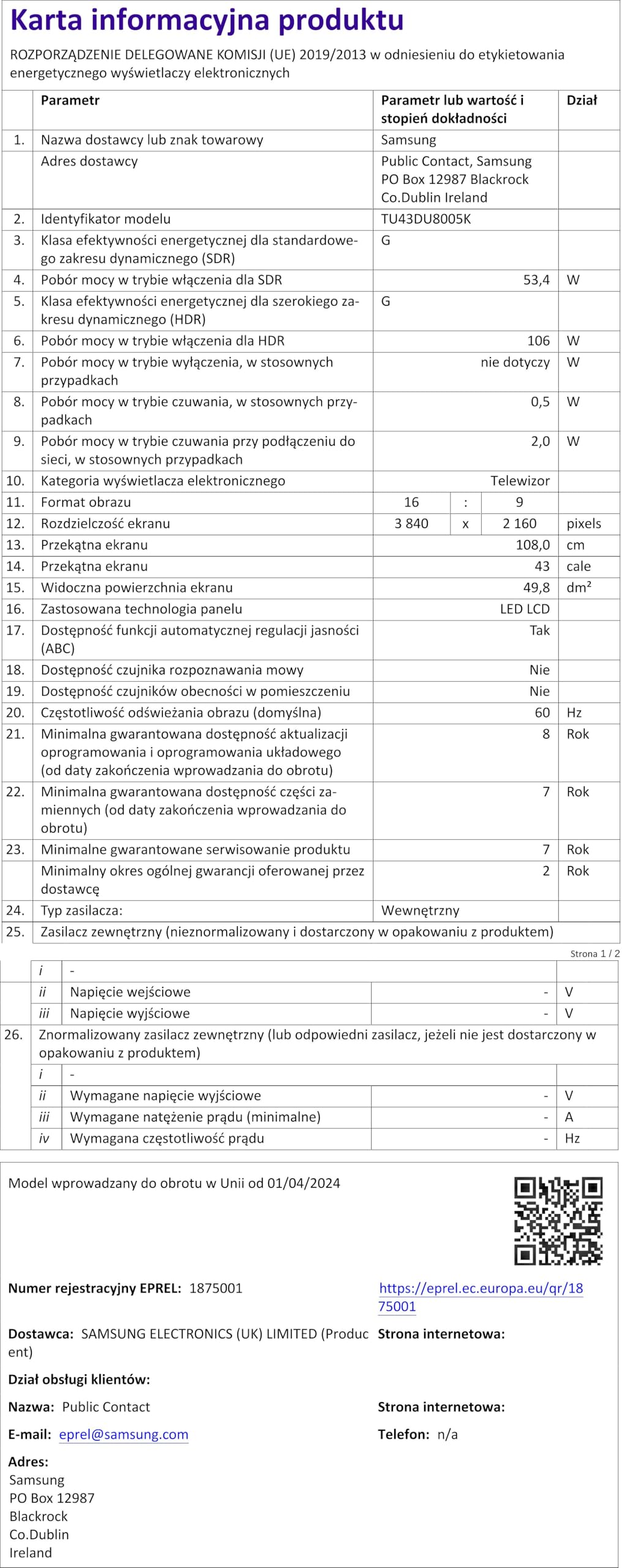 Samsung Téléviseur TU43DU8005 43" (43 Pouces) Crystal UHD 4K Smart TV 2024