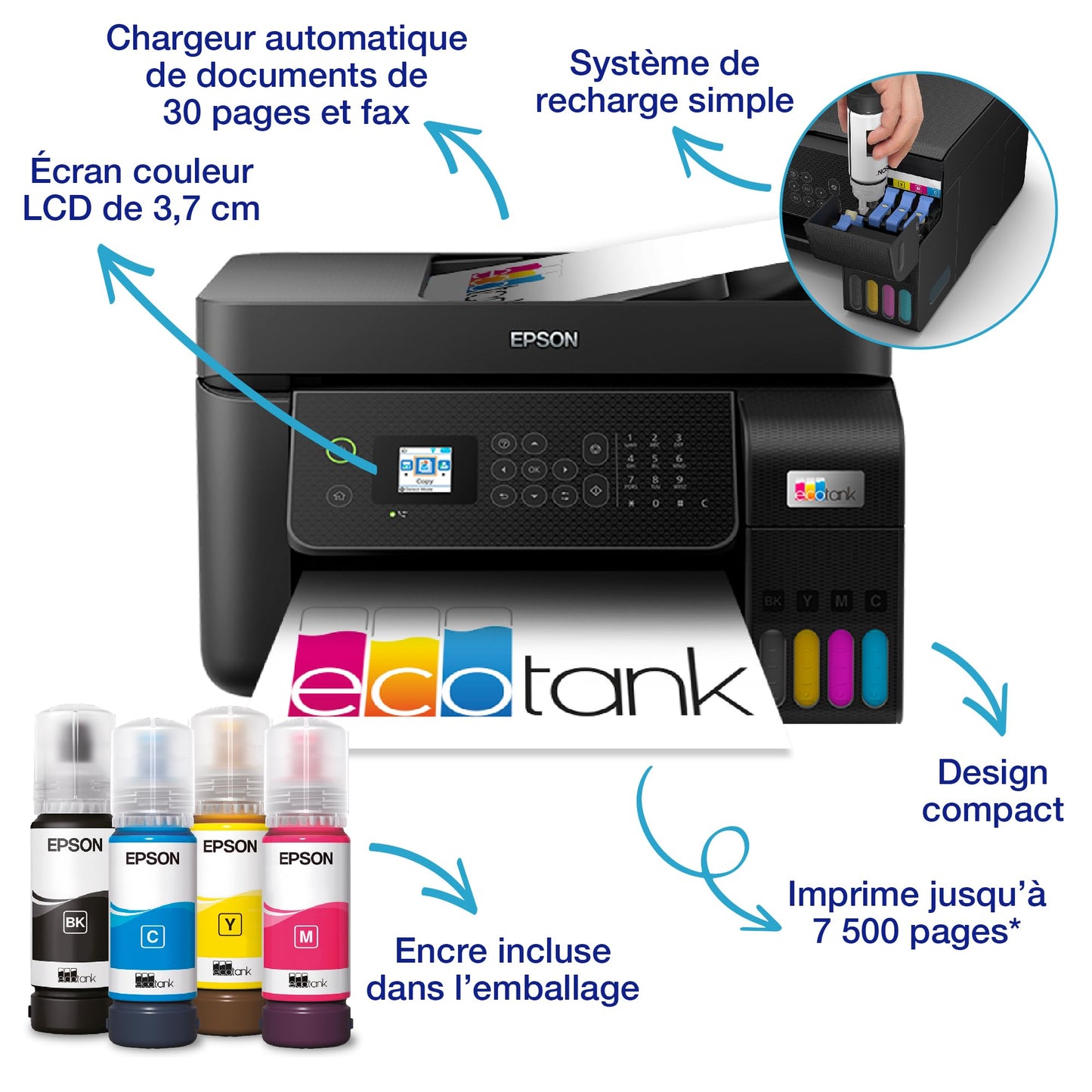 Imprimante multifonction A4 Wi-Fi EcoTank ET-4800 équipée de réservoirs d’encre, avec jusqu’à 3 ans d’encre inclus