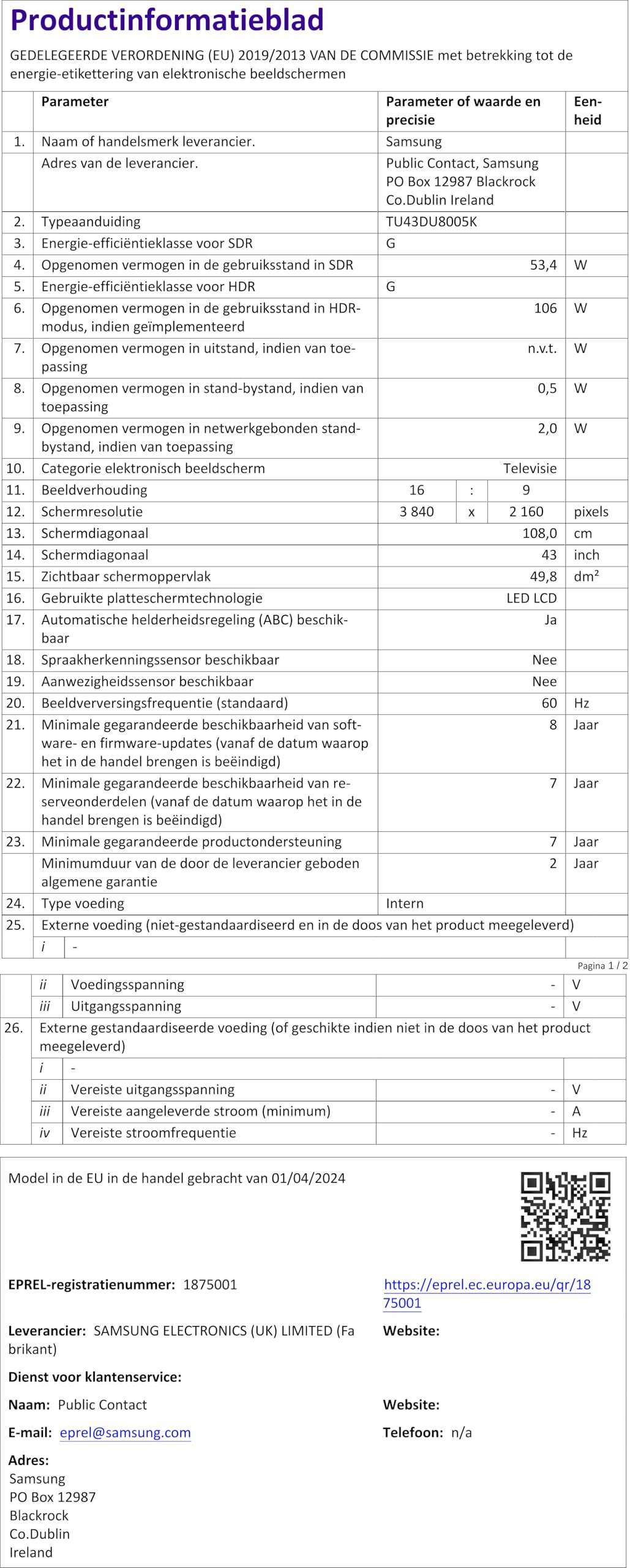 Samsung Téléviseur TU43DU8005 43" (43 Pouces) Crystal UHD 4K Smart TV 2024